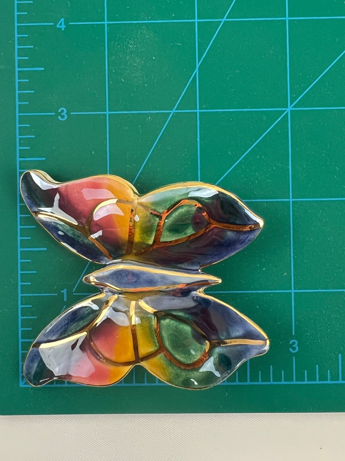 Handmade Large Ceramic Glossy Enamel Butterfly Brooch Multi Color Gold Detailing