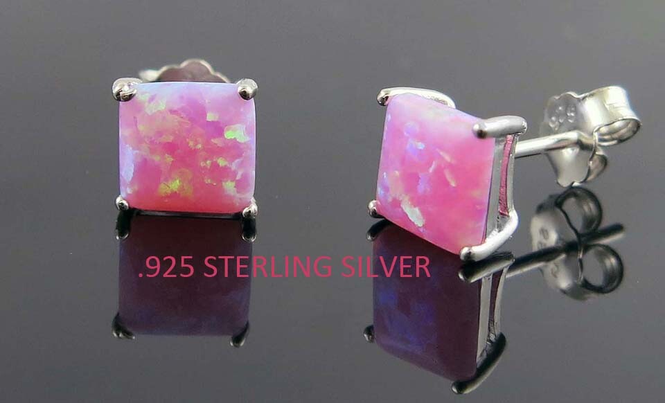925 Silver Charm Blue & white Fire Opal Square Cut Earrings Stud Women Jewelry