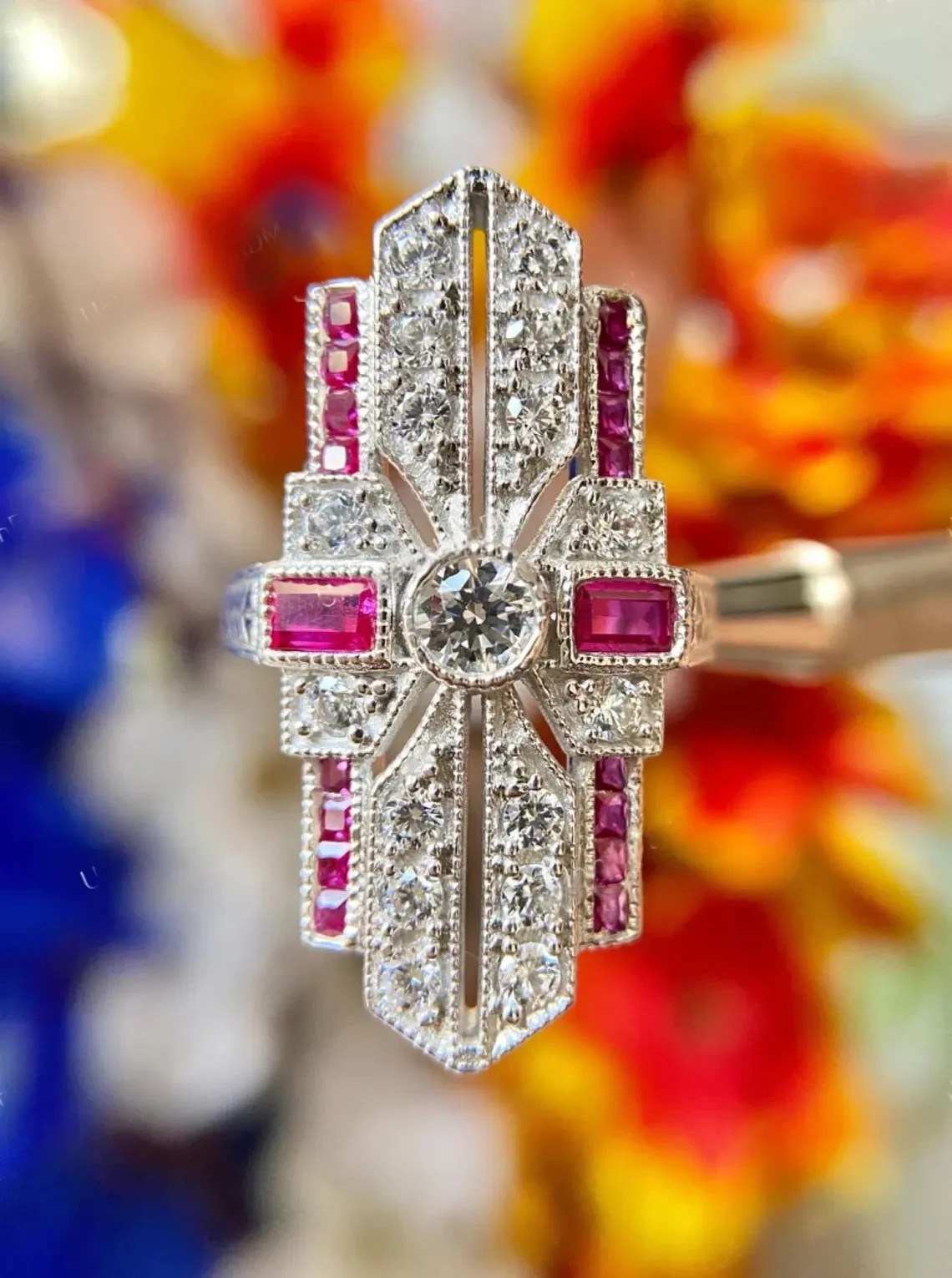 Vintage Moissanite & Ruby Milgrain Statement Cocktail Ring 935 Argentium Silver