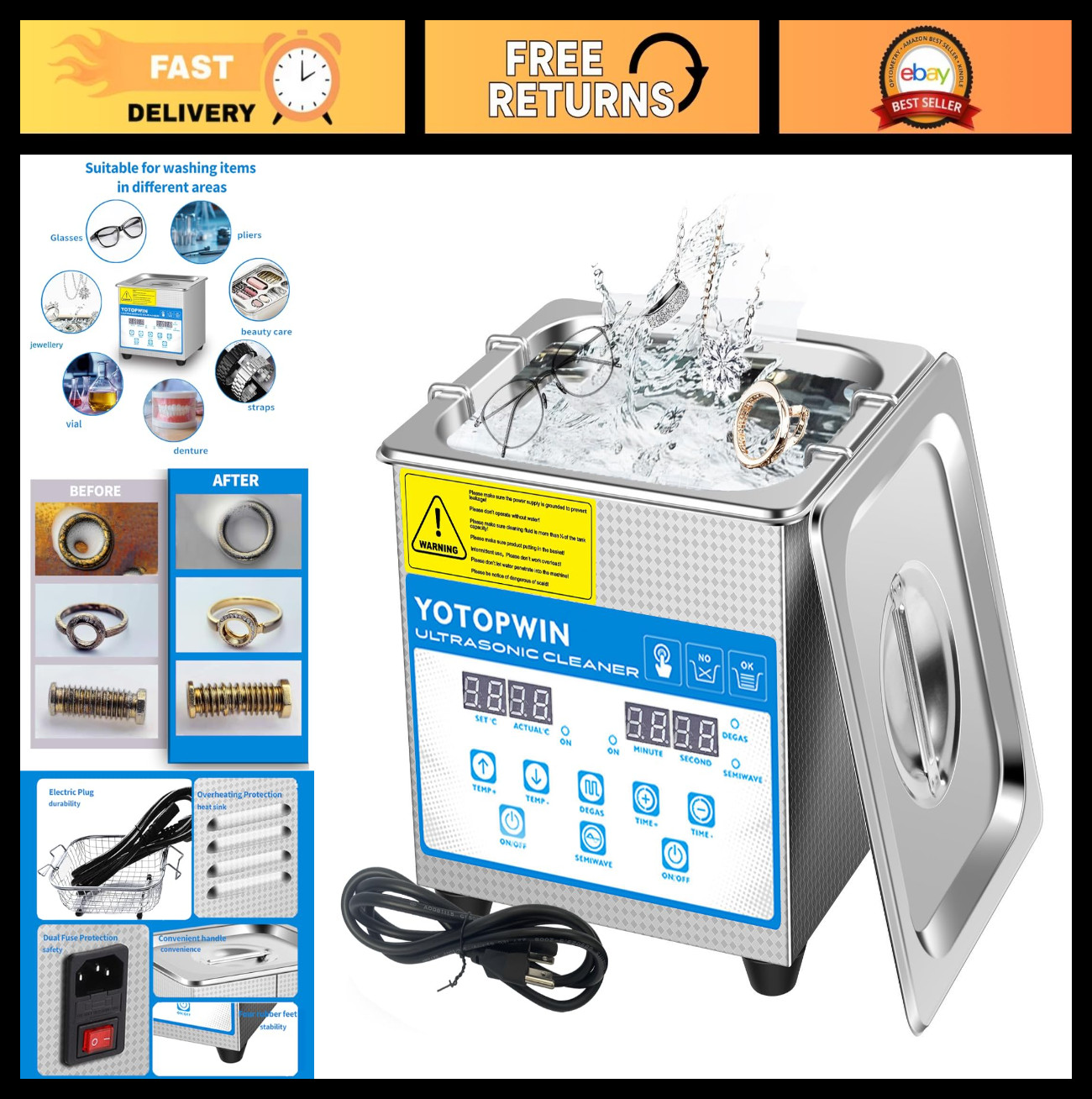 Ultrasonic Cleaner Machine 1.3L – Stainless Steel Heated for Jewelry, Glasses, W