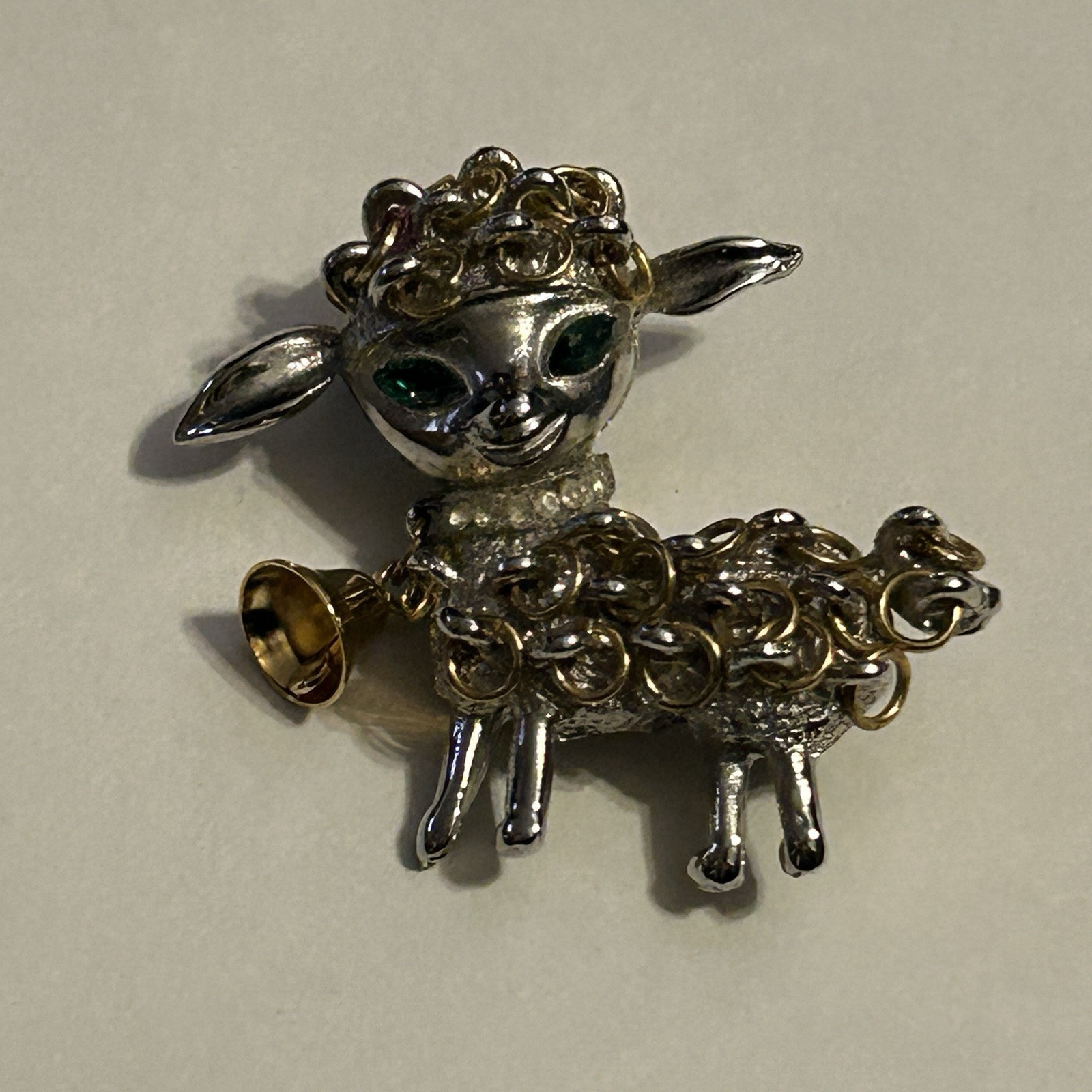 Vtg Signed R Mandle Lamb Brooch Rhinestone Eyes Bell Sheep Figural Book Piece