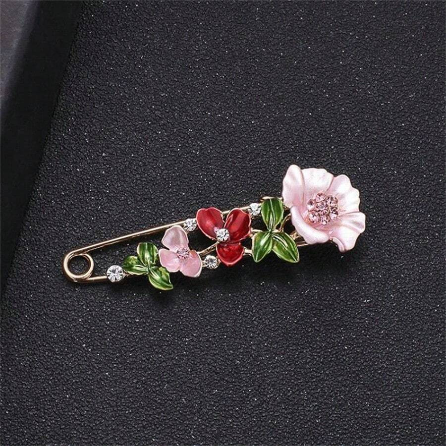 1pc Flower Brooch Oil Drip & Rhinestone Beaded Multi-Use Coat Clip Pin for Women