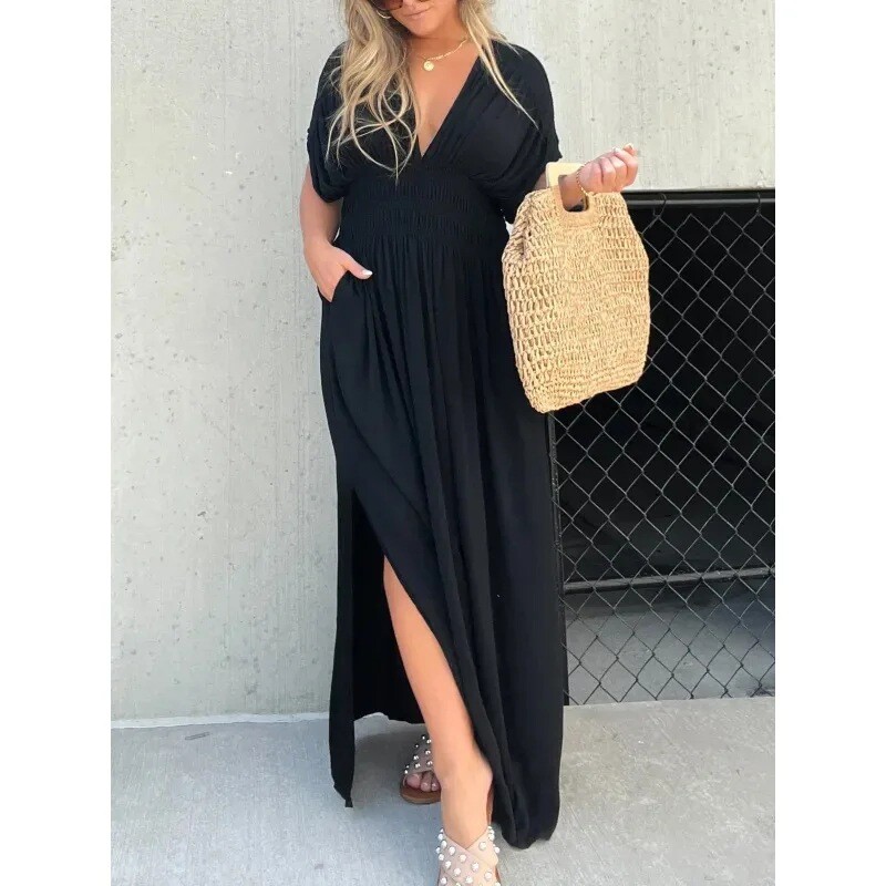 Fashion Bat-sleeved V-neck Slit Dress Summer Short Sleeve Elastic Waist Long Dre