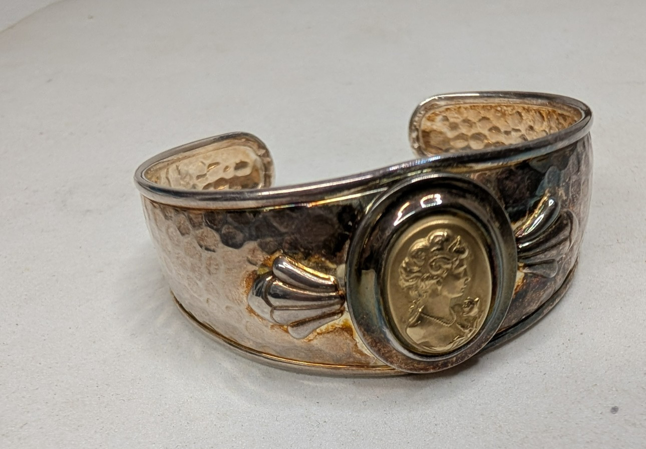 Vintage Sterling Silver & 14k Yellow Gold Cameo Style Bracelet 20.1 Grams Total