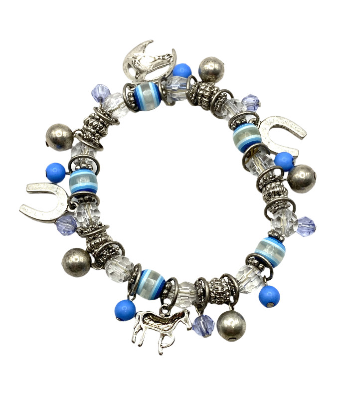 Blue-Clear Beaded Stretch Horse Horseshoe Charm Bracelet Silver Tone Equestrian
