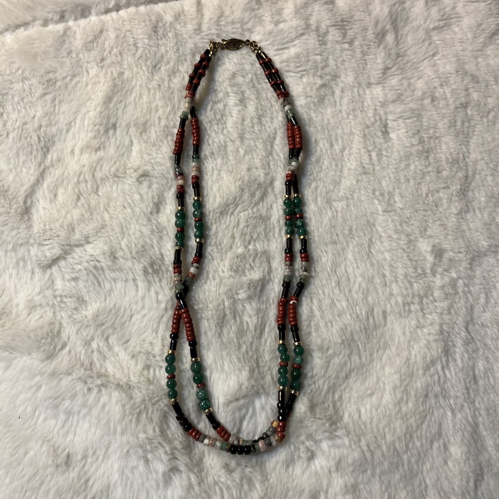 Jade & Other Semi Precious Bead Double Strand Necklace Vintage 18”