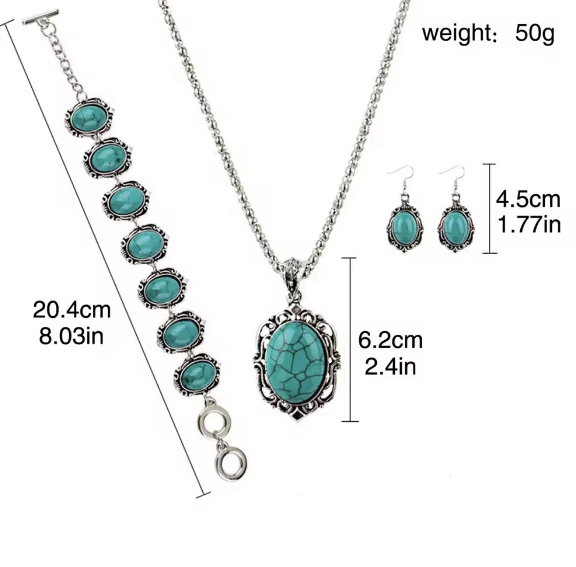 The jewelry set includes a matching necklace, earrings, and bracelet,