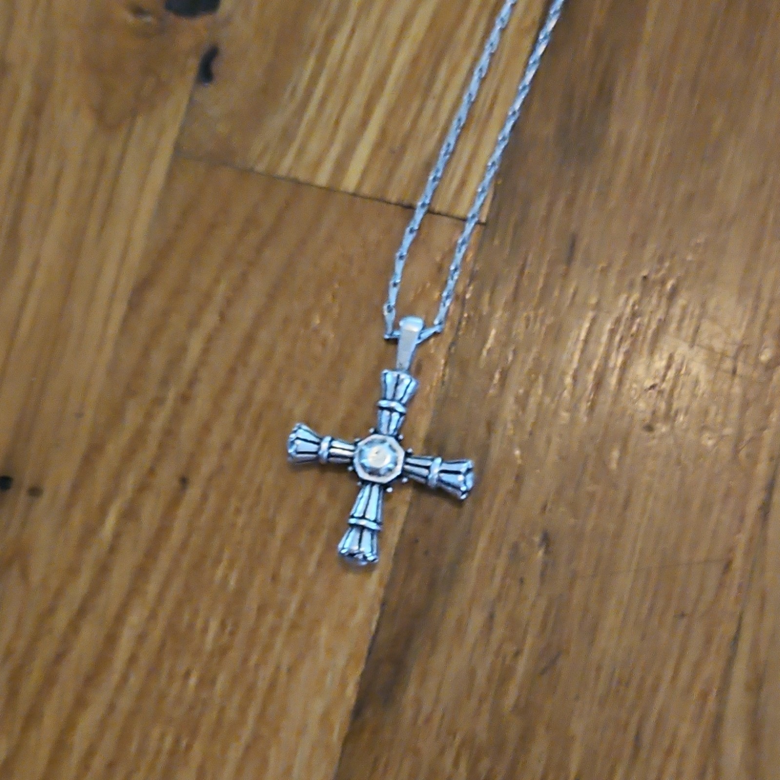 Lot of 2 Silver Tone Pendant Necklaces Cross Crystal & Double Bar, Double Strand