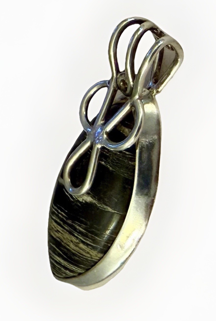 Sterling Silver Pendant with a Banded Black Agate and Wire-Wrapped Bail 1.5”