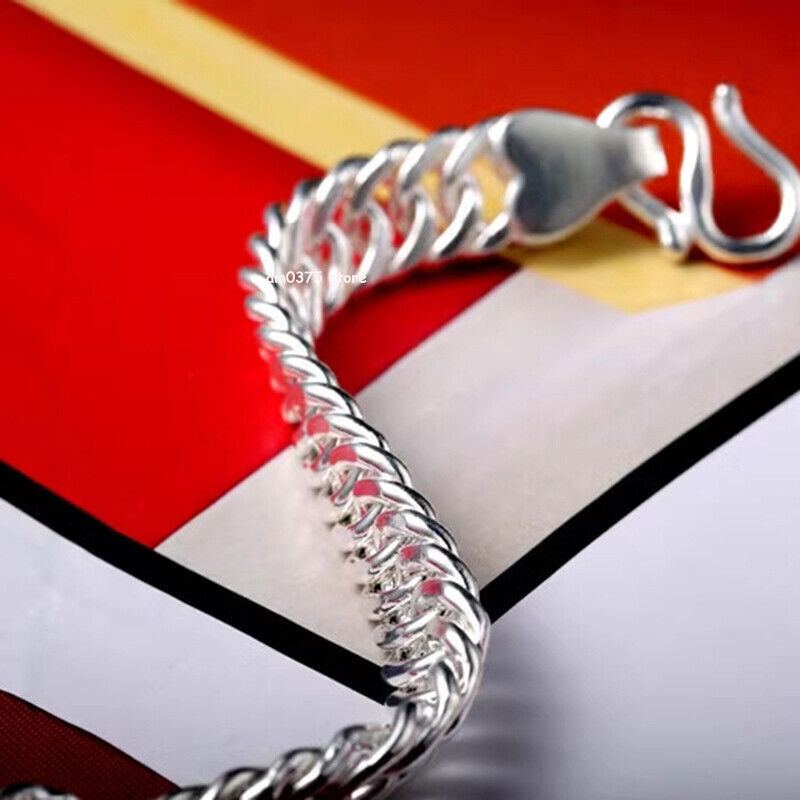 Real 999 Pure Silver Bracelet Women Men 7mm/8mm/10mm Cuban Curb Link Chain