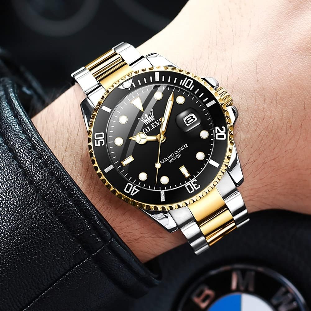 Stainless Steel Two-Tone Men’s Watch – Big Face with Date, Waterproof & Luminous