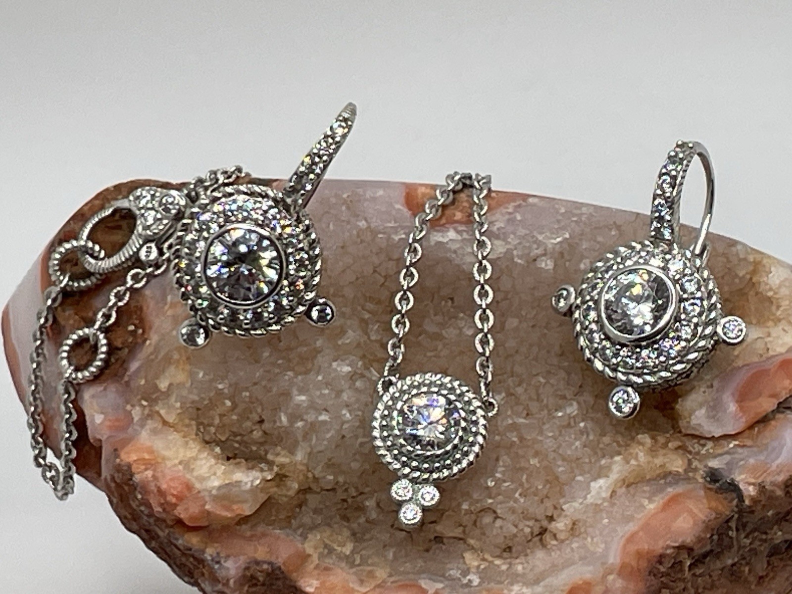 JUDITH RIPKA 925 Sterling Silver C Z Station Chain Pendant Necklace & Earrings