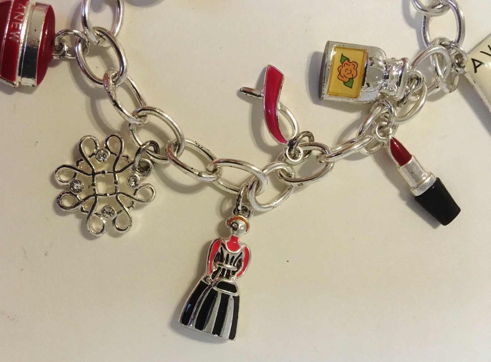 Avon 12 Charms Bracelet Silver Metal Link Chain 125 Years Anniversary Lipstick