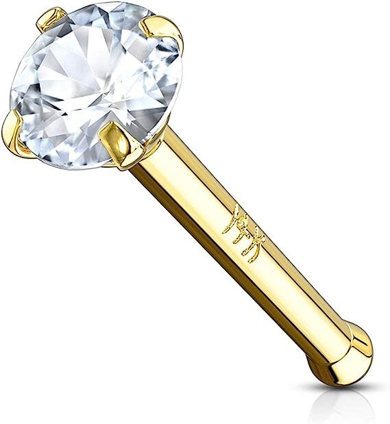 Nose Ring Stud Bone 20G CZ Cubic Zirconia 14K Solid Yellow Gold