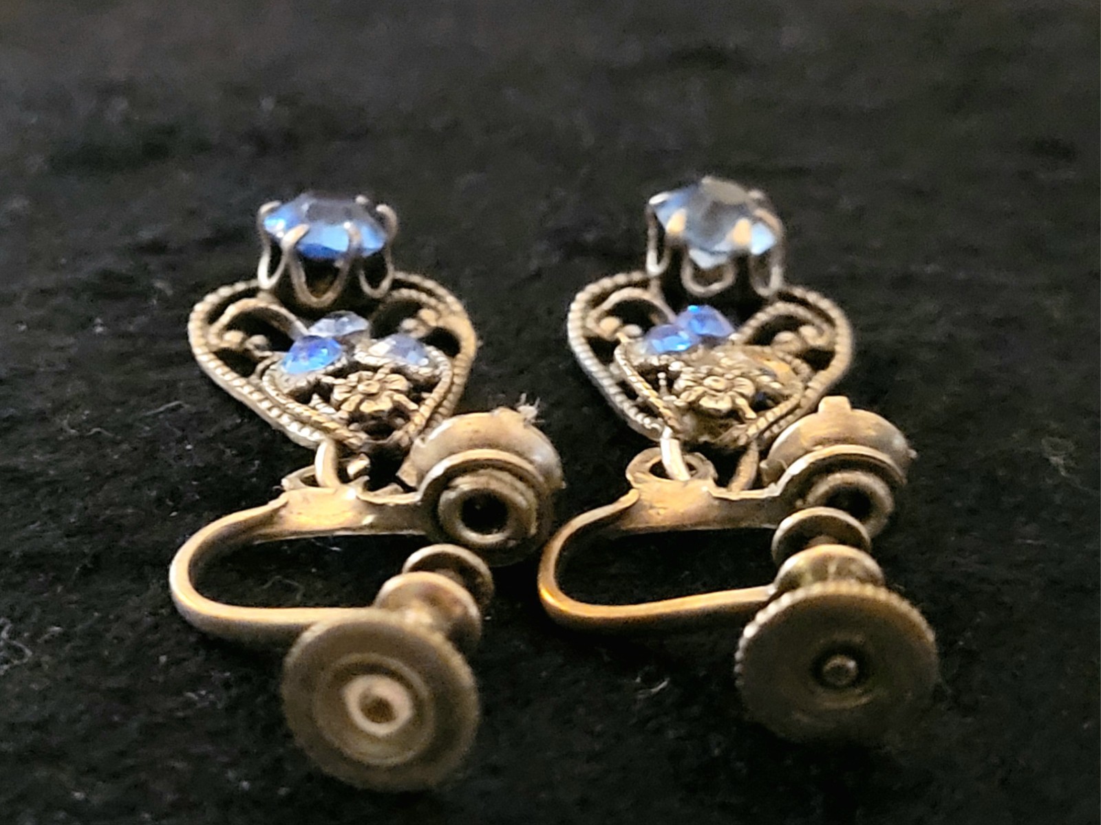 Vintage Gold Tone 1930s Art Deco Earrings Blue Rhinestone Screw Back