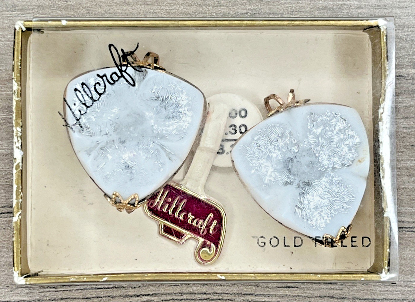 Hillcraft Milk Glass Gold Filled GF Slide Clip Earrings Original Label Box VTG