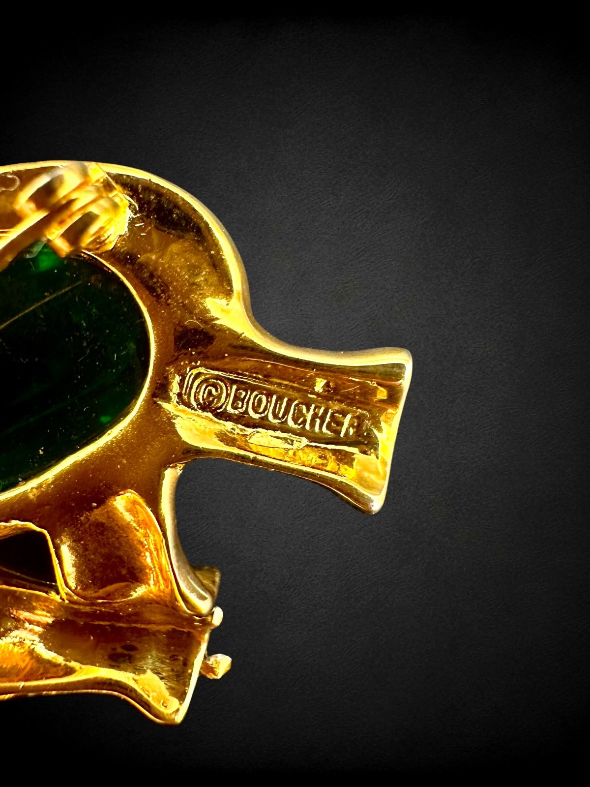 Vintage Marcel Boucher Green Jelly Belly Elephant Brooch Goldtone Rhinestone Pin