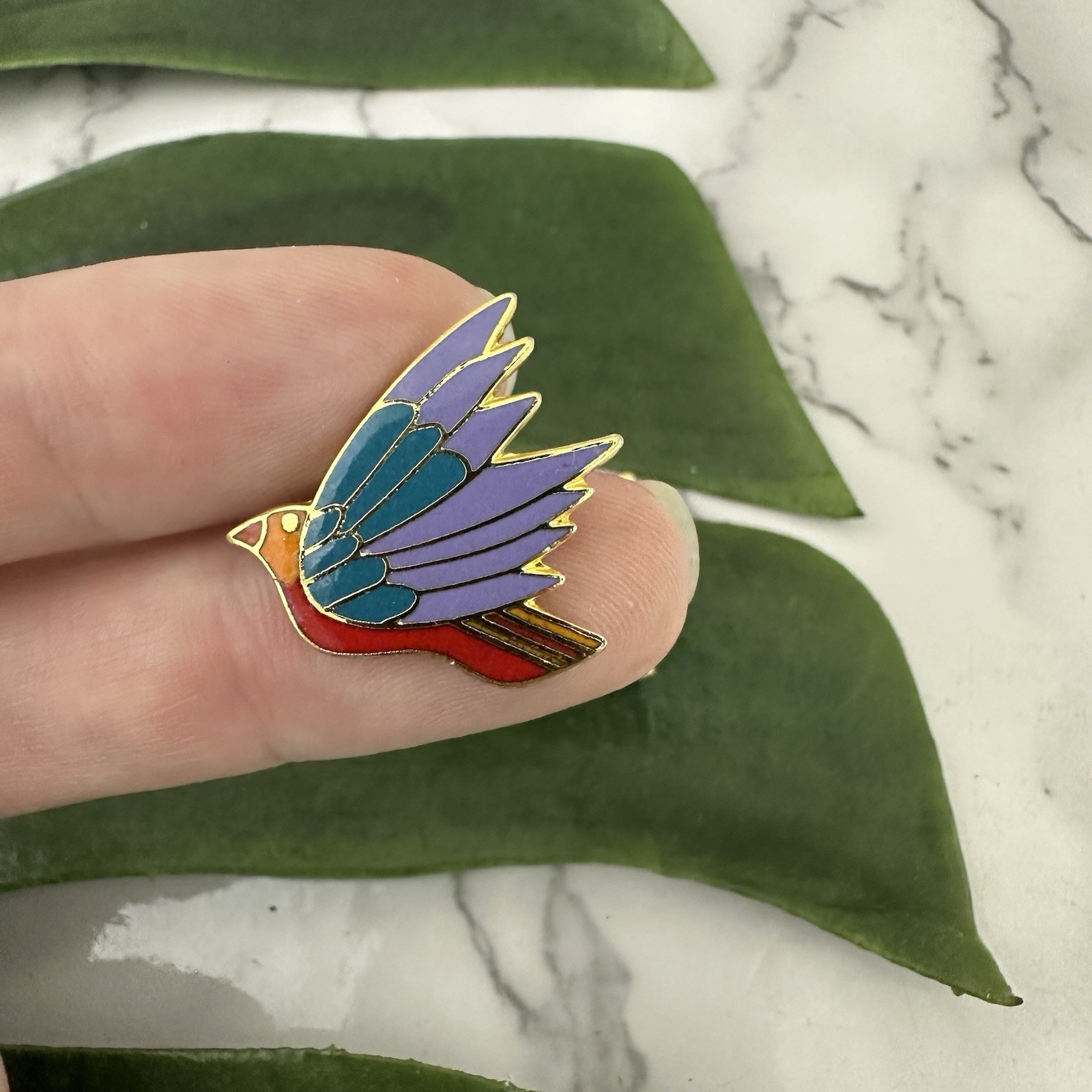 Laurel Burch Vintage Celeste Bird Earrings Gold Tone Purple Enamel Stud Flying