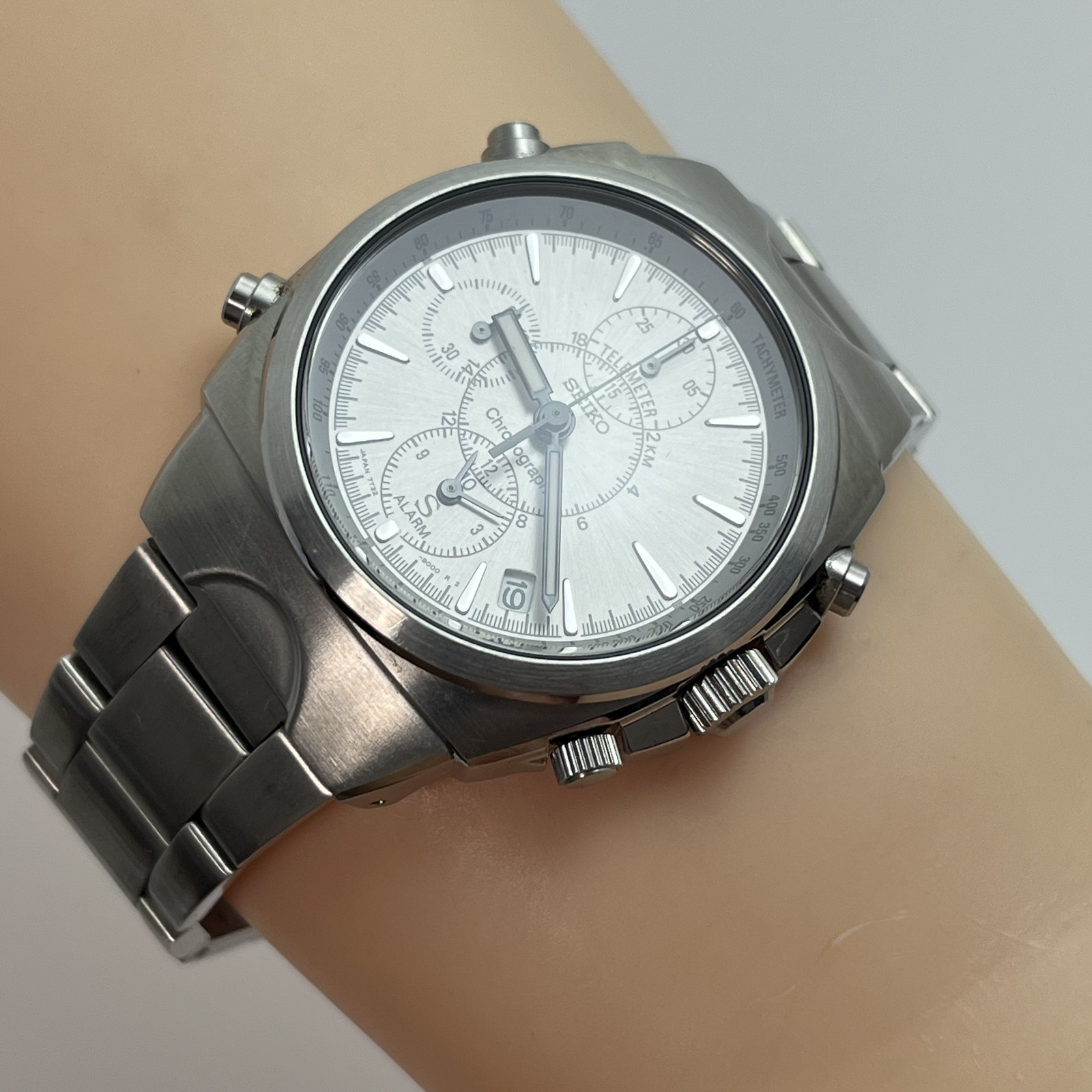 Seiko SUS 7T32 Chronograph Alarm Qz Tachymeter Date Stainless Steel Japan #B854