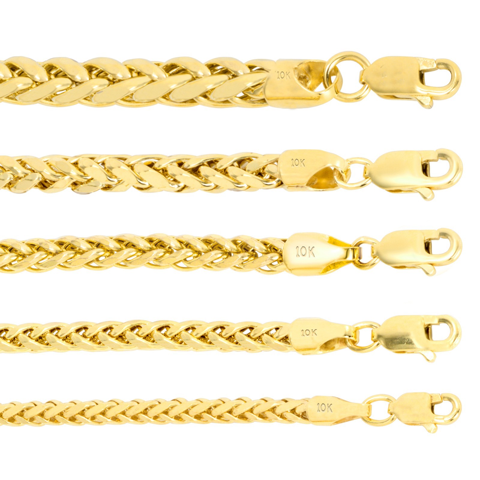 10K Yellow Gold 2.5mm-5mm Round Wheat Palm Franco Spiga Chain Necklace 16″- 30″