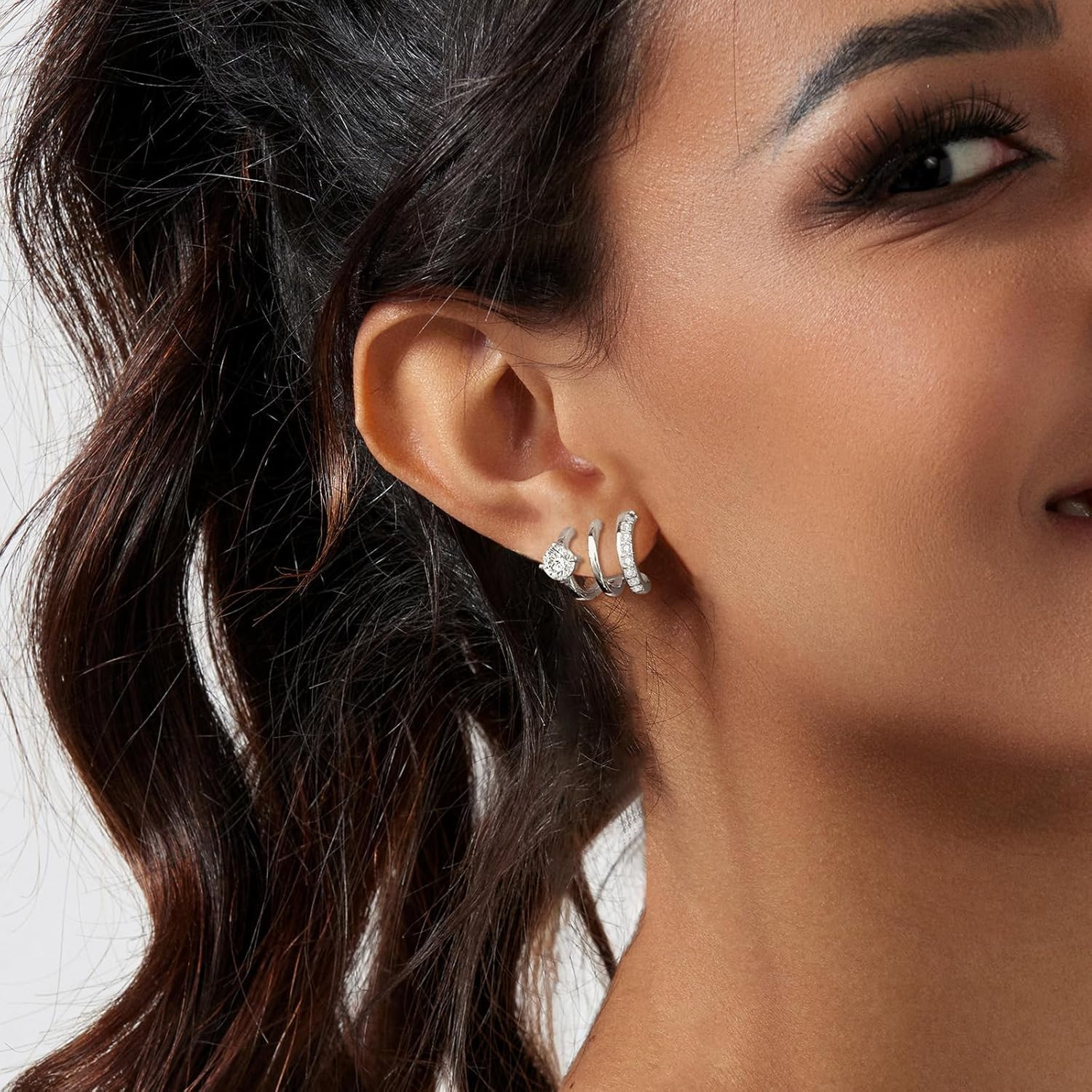 14K Gold Plated Hoop Earrings for Women Triple Huggie Illusion Stud Earring | Do