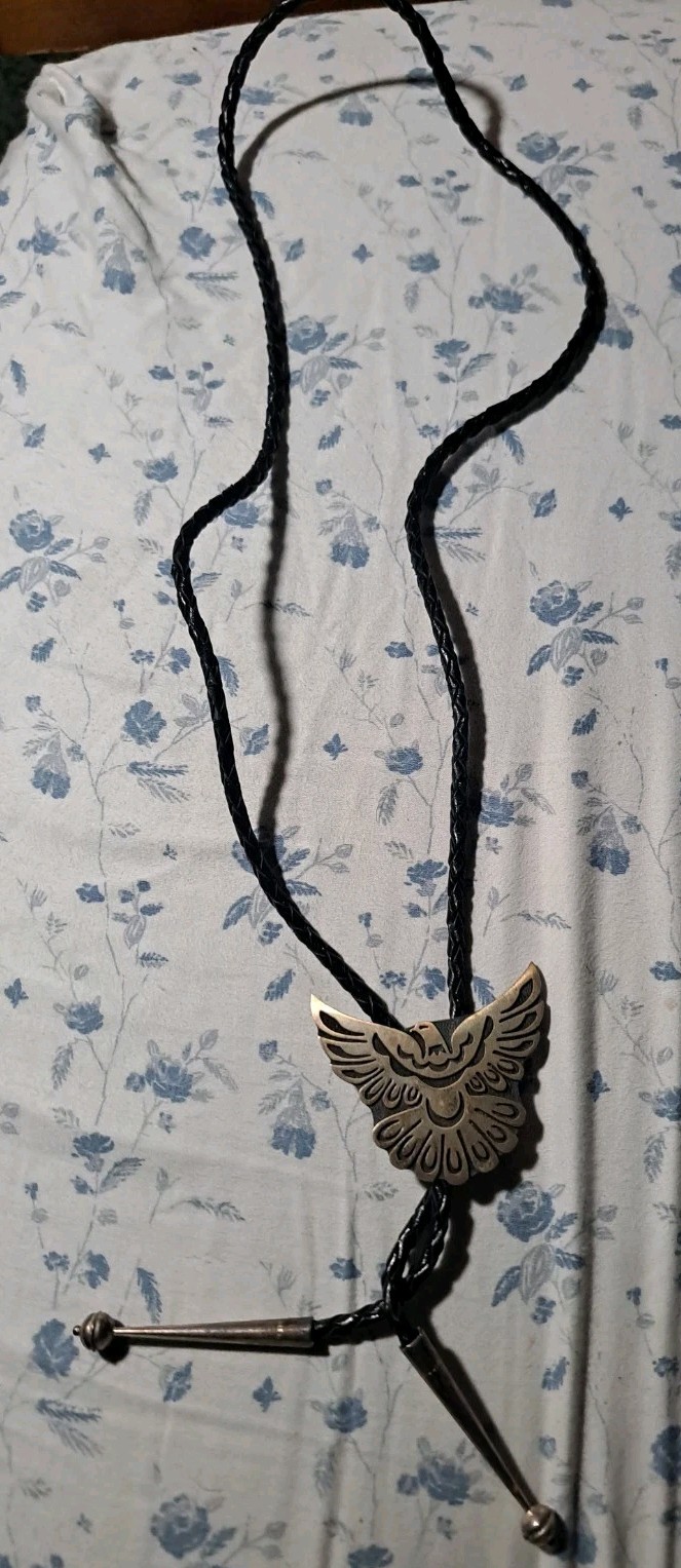 Southwest Sterling Thunderbird Bolo Tie Native American unkown Makers Hallmark
