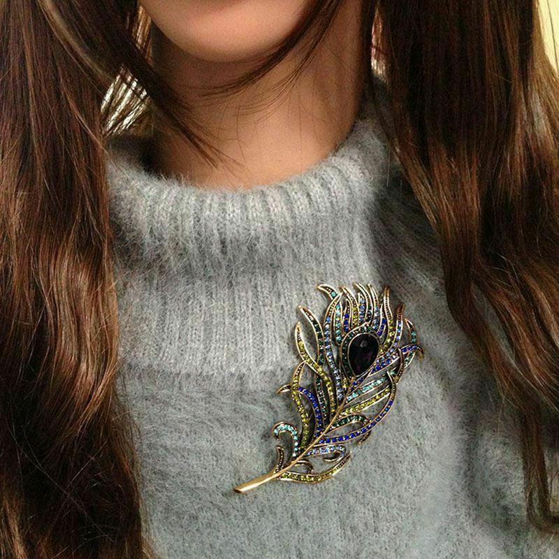 Brooch Women Antique Vintage Crystal Pin Jewelry Accesso Feather Rhinestone