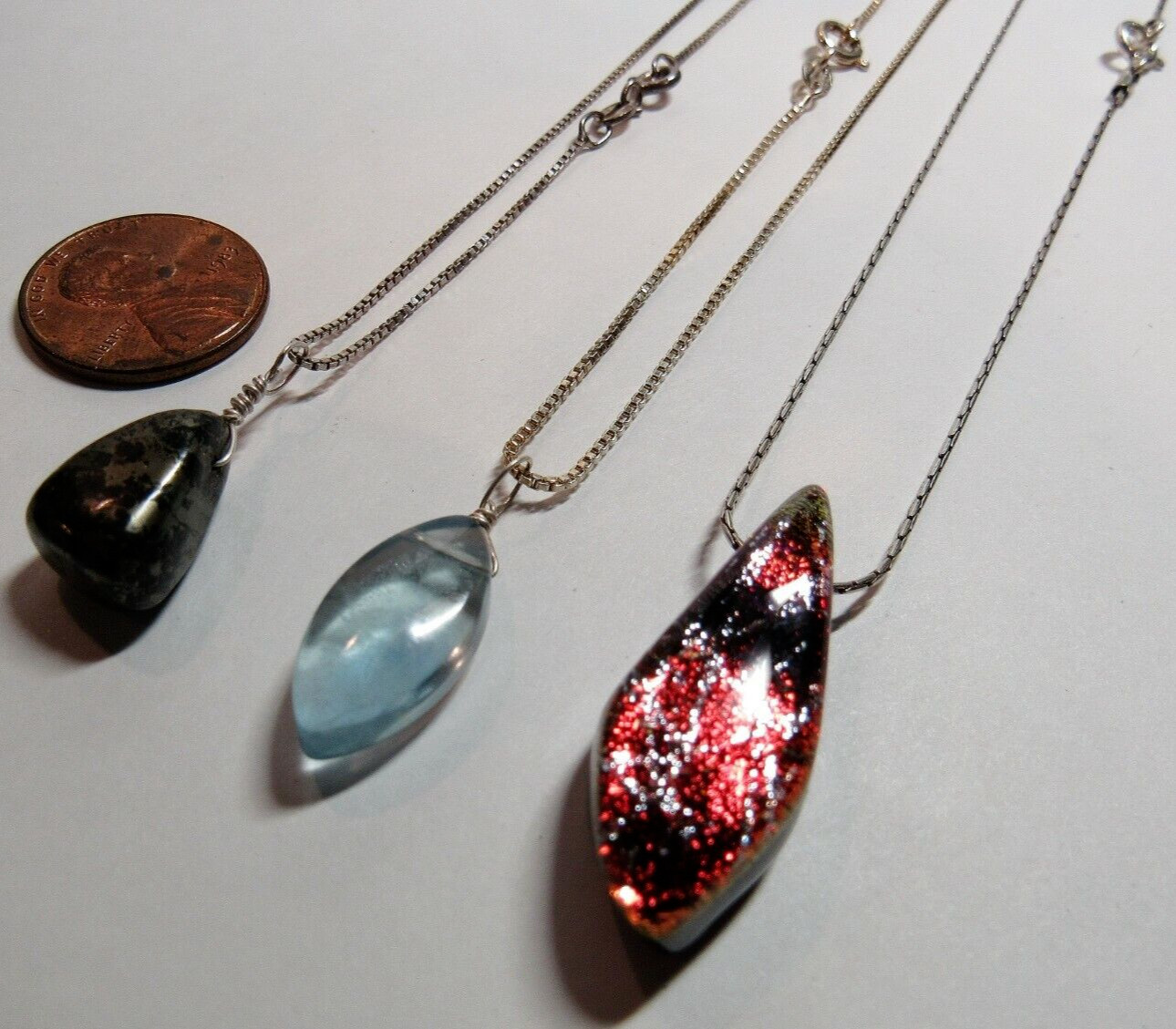 3 PC Pendant Necklace Lot Sterling 925 Silver Fluorite Pyrite Stone Glass 17.0g