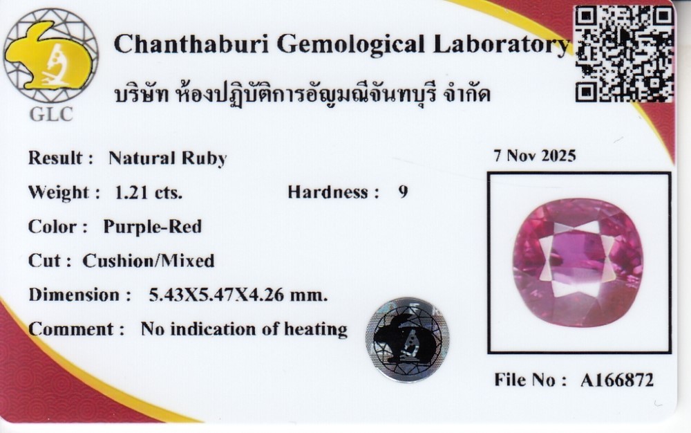 💎 GLC CERTIFIED 1.21ct VS Cushion Natural Purple Red Ruby – Unheated, Gemstone