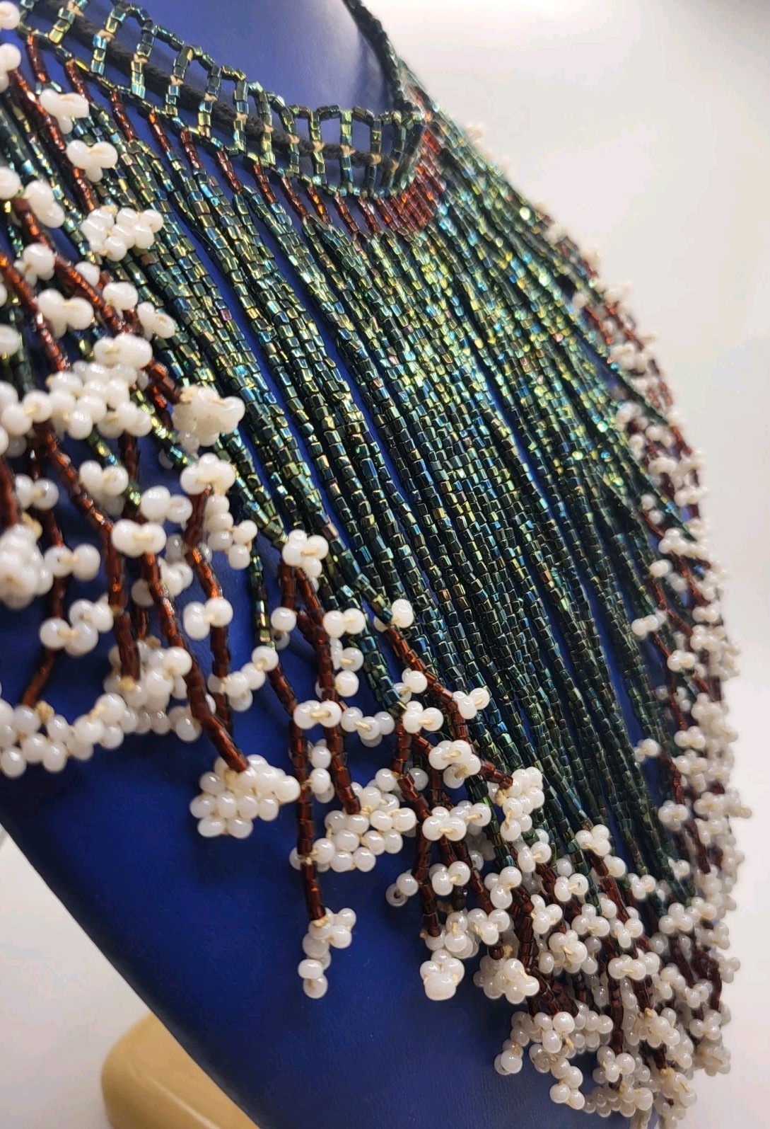 Handmade Blue Iridescent White Seed Bead Fringe Waterfall Choker Bib Necklace