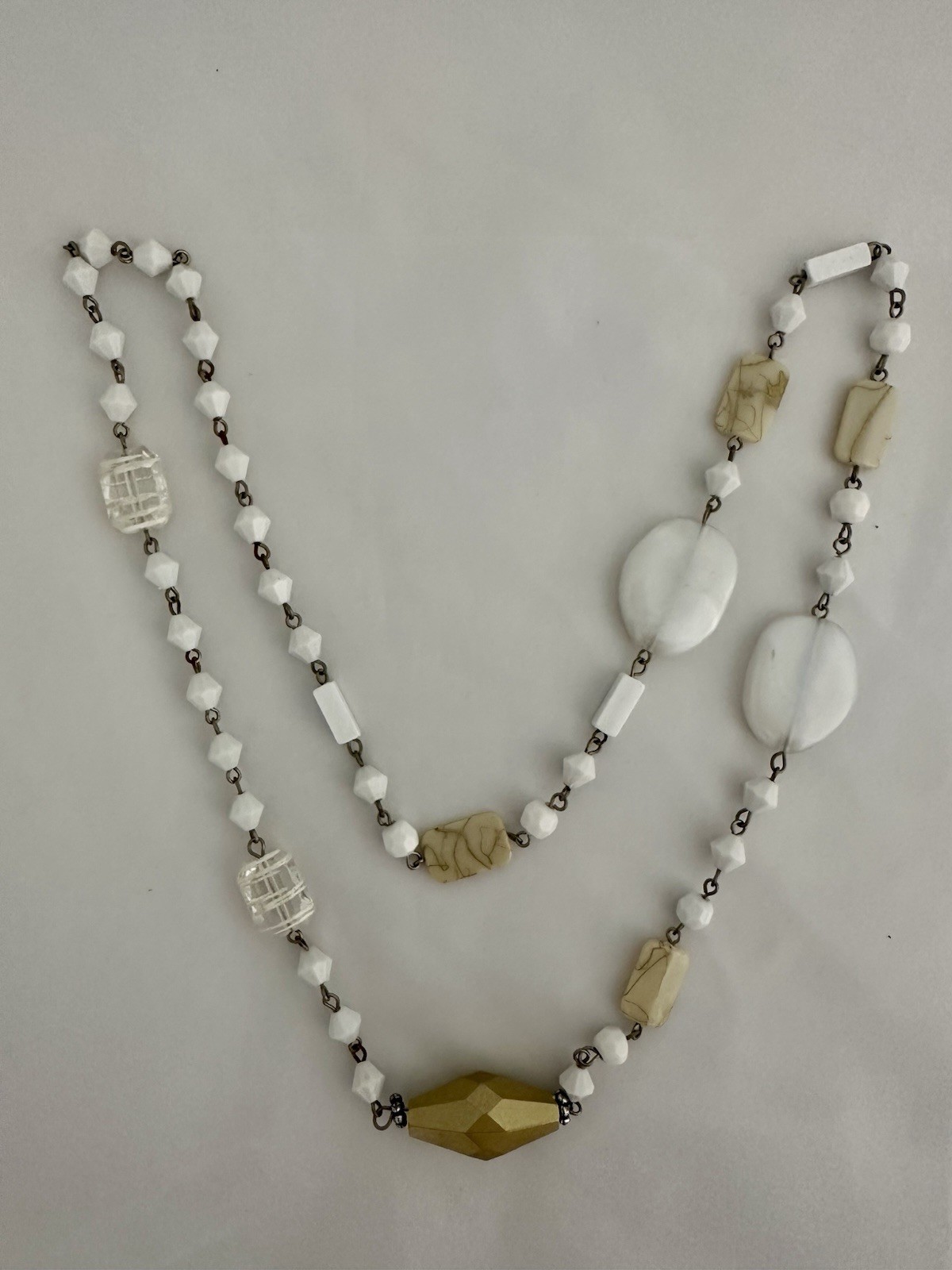 Artisan Handmade Mixed Bead Statement Necklace White Gold Bronze Boho 28”