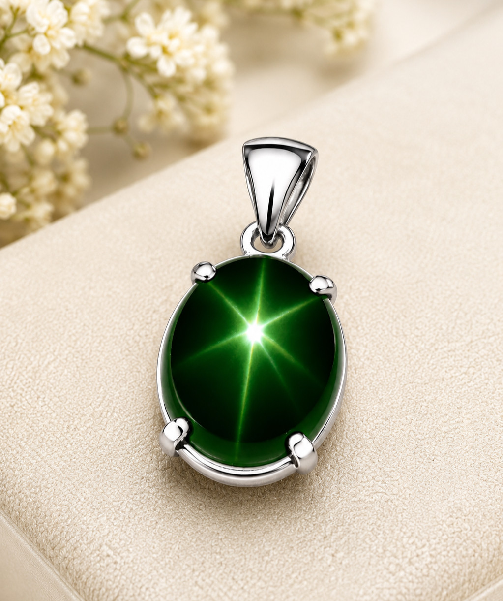 10CT Natural Green Star Sapphire Pendant | Sterling Silver Oval Star Sapphire