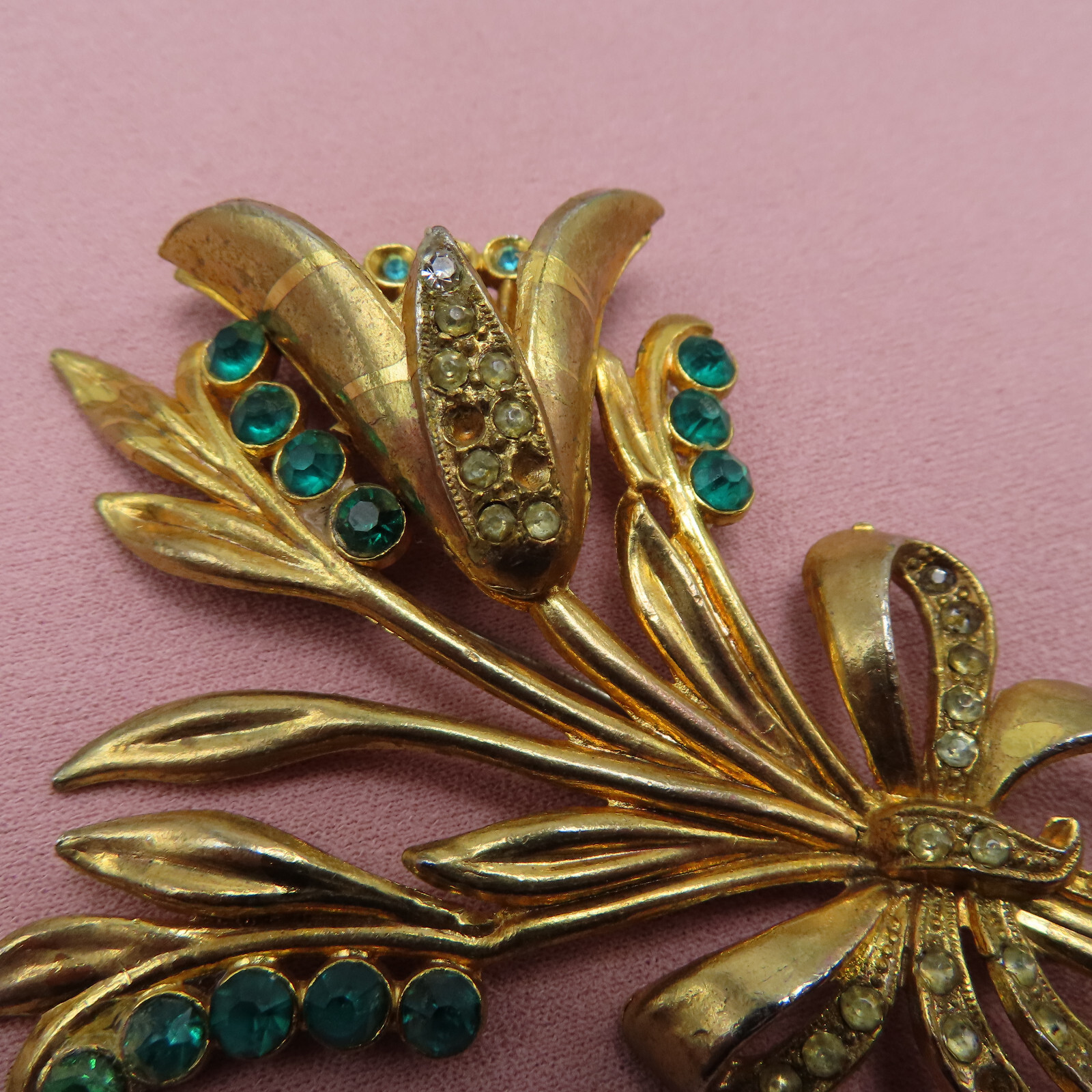 Antique Rhinestone Brooch Flower Clear Green Crystal 3.75 in OOAK Vintage 253f