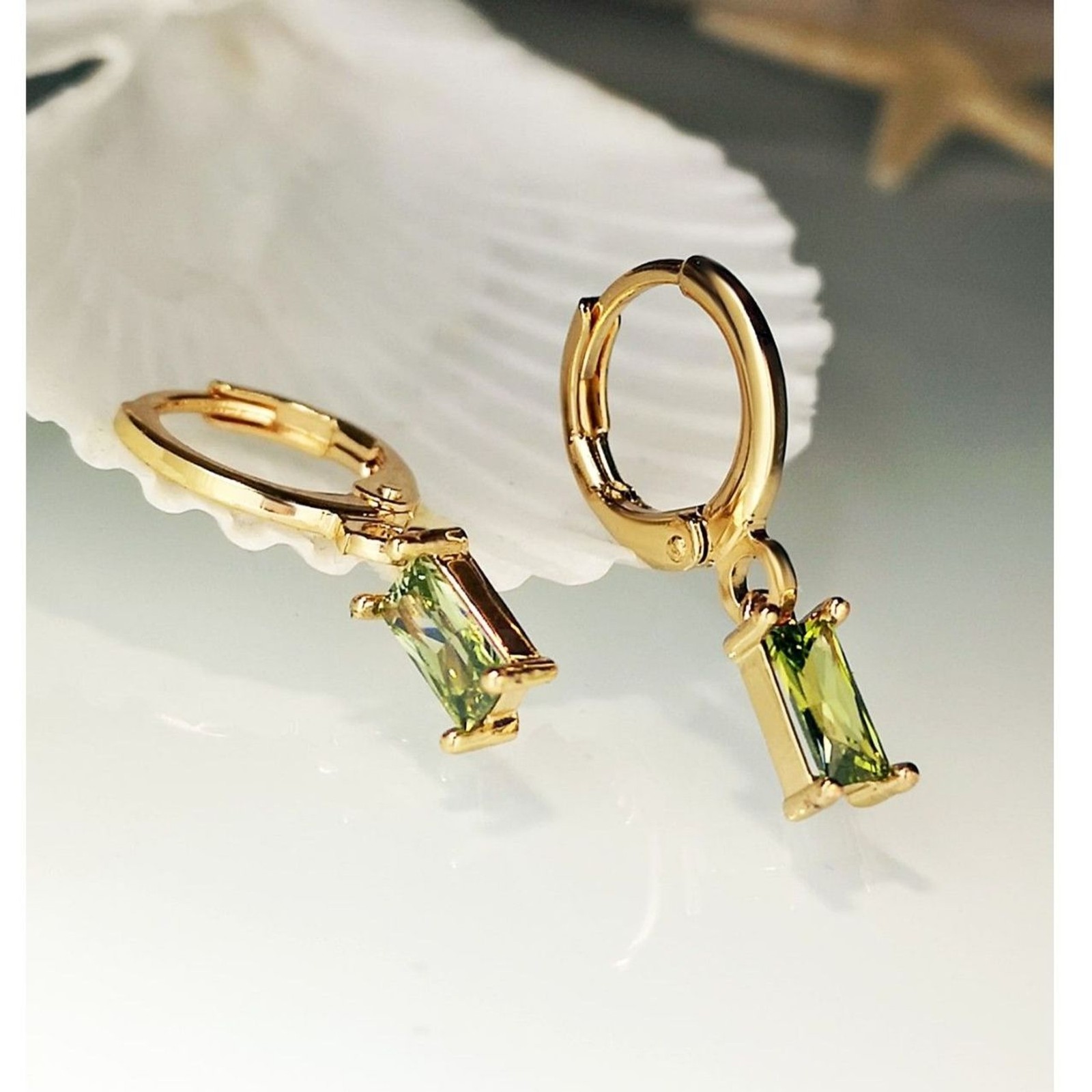 Emerald Cut Peridot Green Zirconia Crystal Drop Hoop Earrings Gold Dangle Gemstn