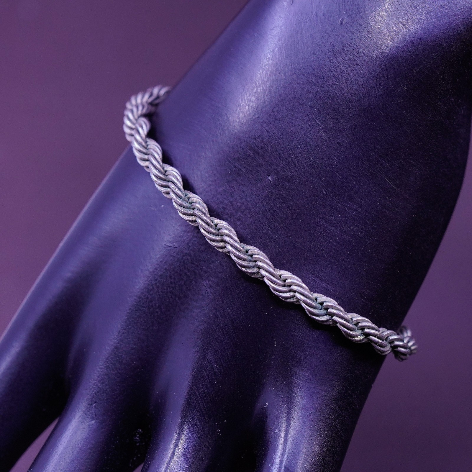 7”, 5mm, vintage Sterling silver bracelet, Italy 925 flatten rope chain