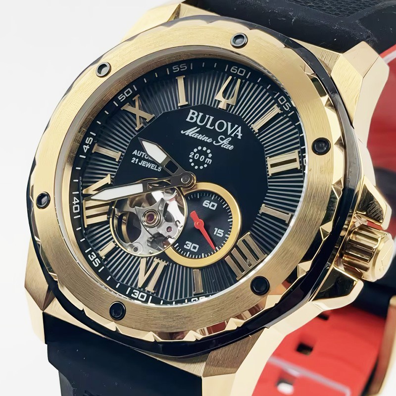 Bulova Marine Star A 98A272 Men’s Automatic Watch Black Gold Dial Silicone Strap