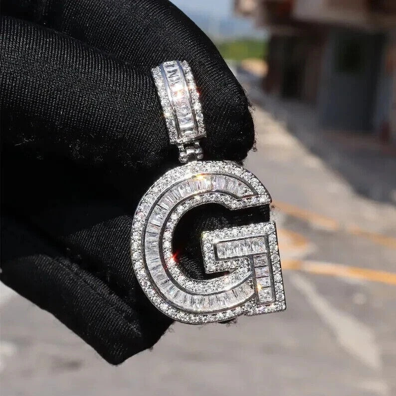 3 Ct Lab Created Diamond Men’s Initial “G” Pendant 14k White Gold Plated Silver