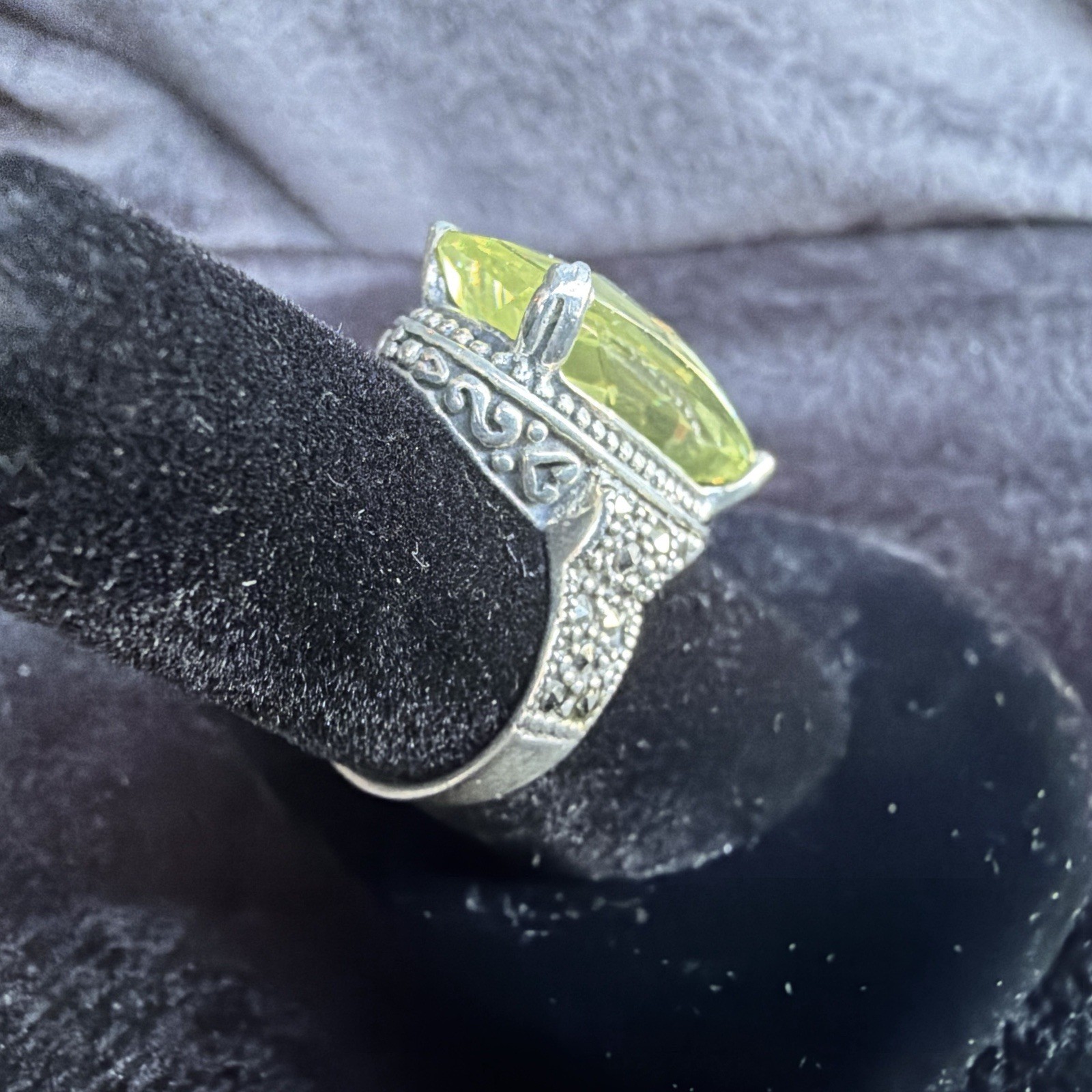 Vtg Sterling Silver Ring .925 Sz 7.5 Marquis PALE Yellow Stone Cocktail Coquette