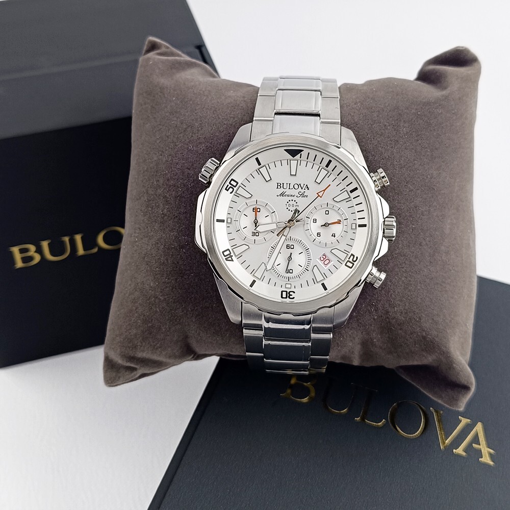 Bulova Men’s Marine Star White Dial Quartz Stainless Steel Watch 43mm 96B255