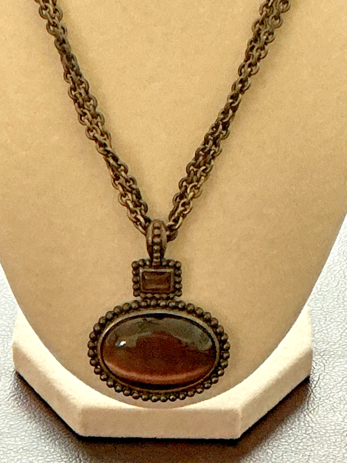 Large Oval Smokey Brown Lucite Dark Brass Metal Multi Chain Pendant Necklace