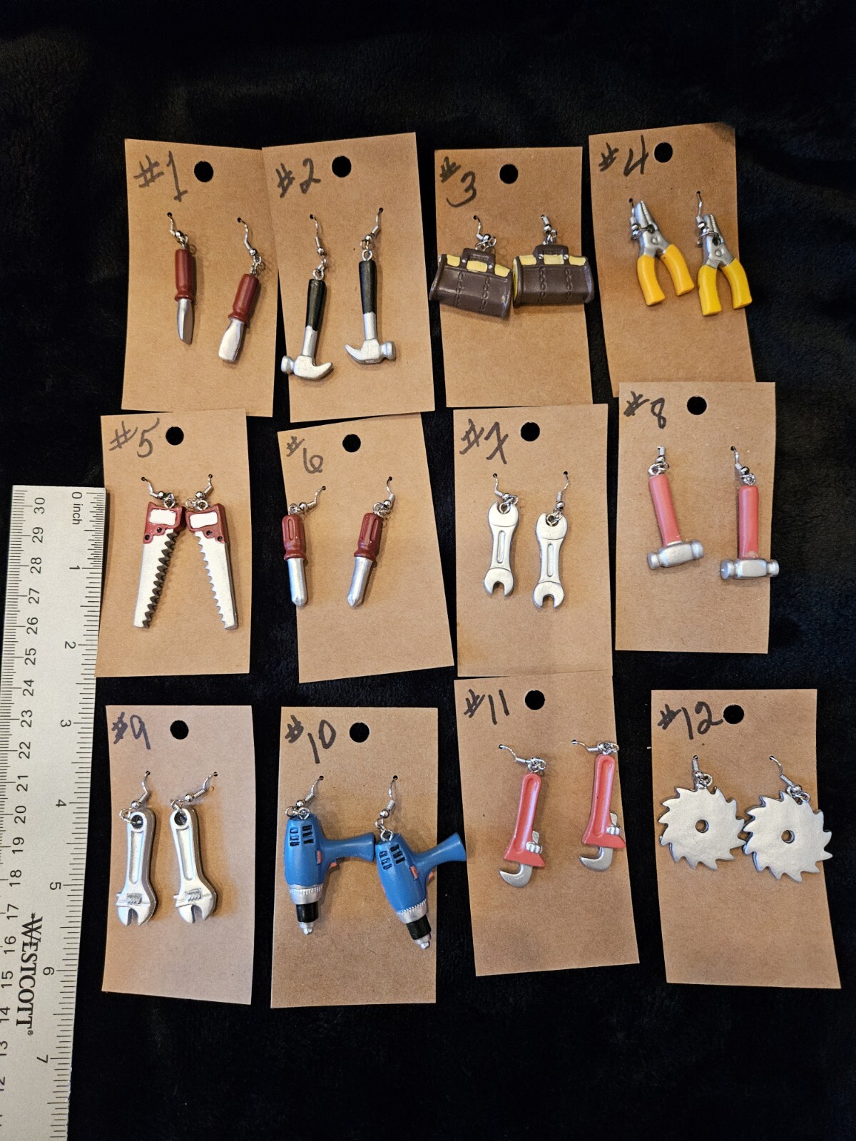 HAND TOOL EARRINGS Colorful, dangle hook, 12 diff. to choose from. ONE OF A KIND
