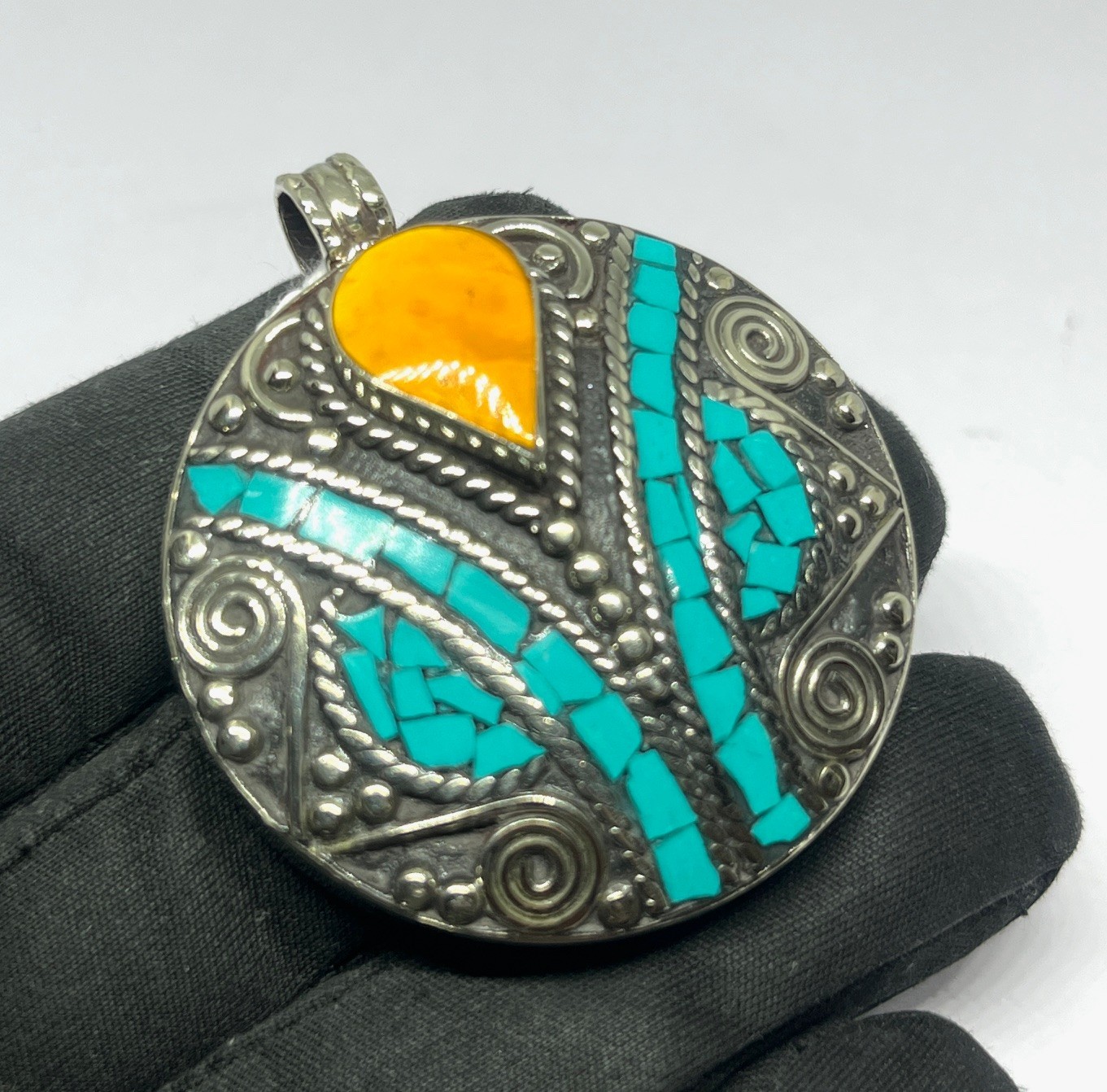 Amber Turquoise Gemstone Tibetan Style Traditional Pendant Jewelry, 2.0 inc