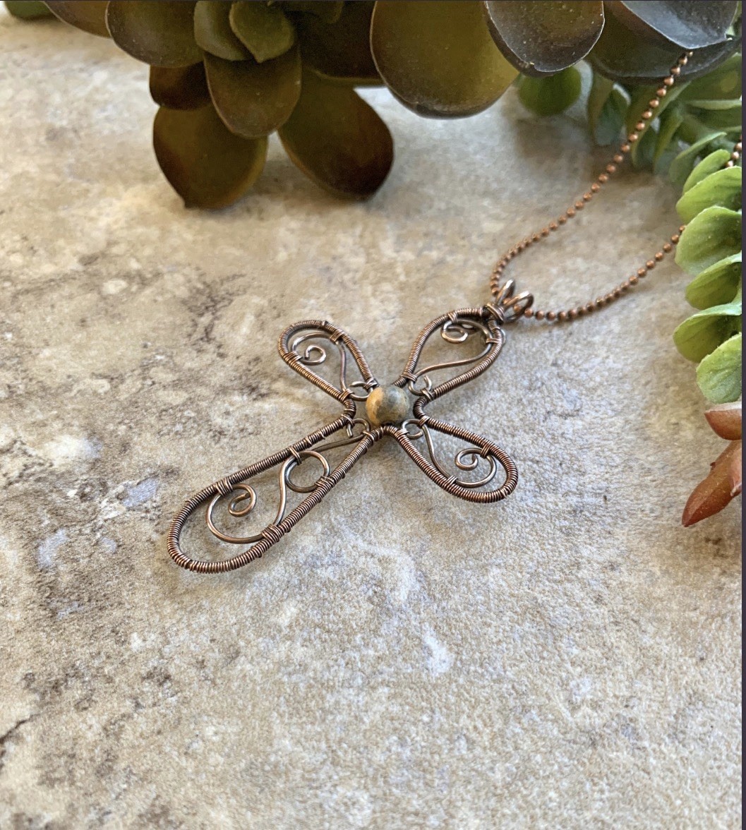 Handmade Copper Wire Wrapped Cross Pendant Necklace w Jasper Bead Artisan Boho