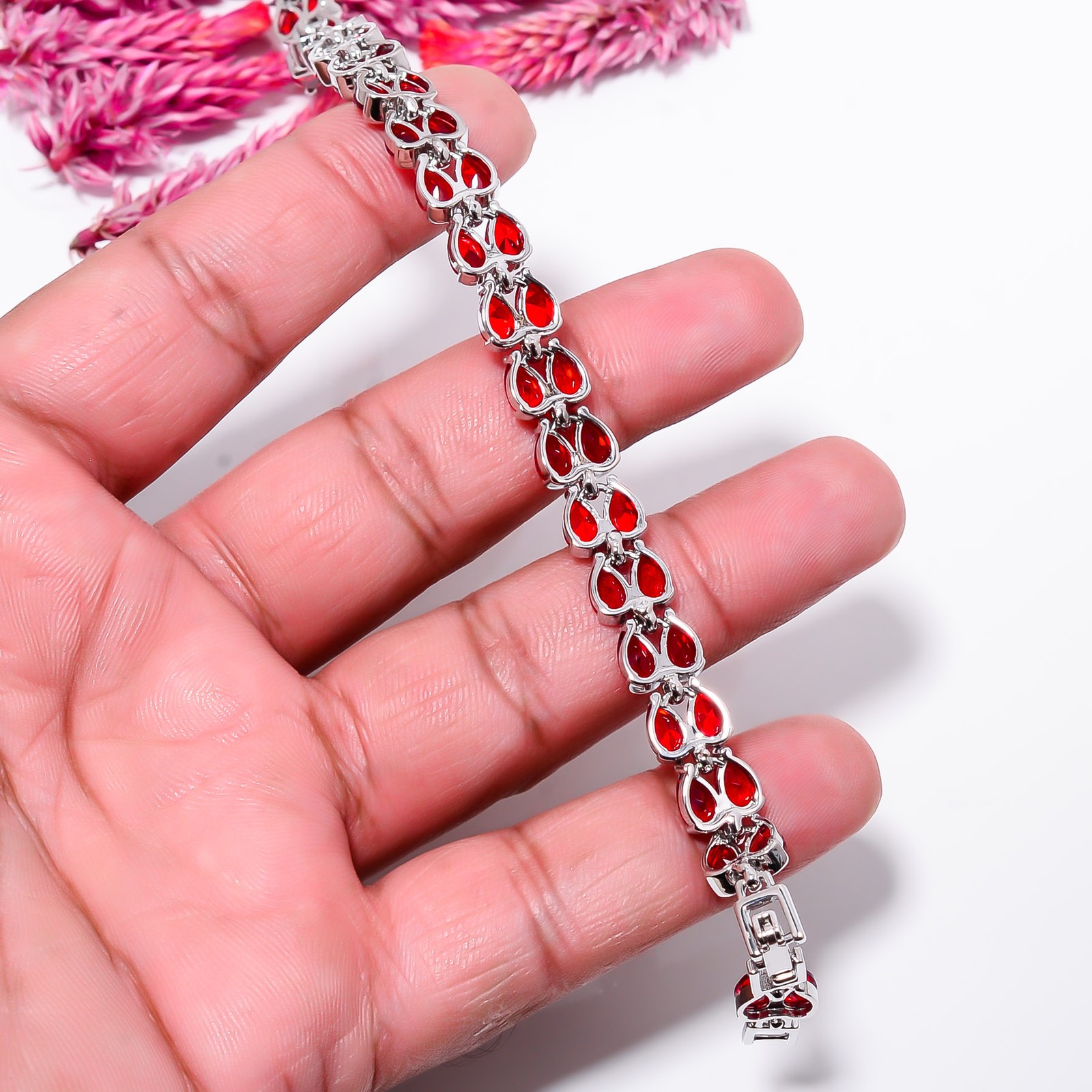 Ruby – Simulated)Spinel 925 Sterling Silver Adjustable Bracelet 7-8″ B131010
