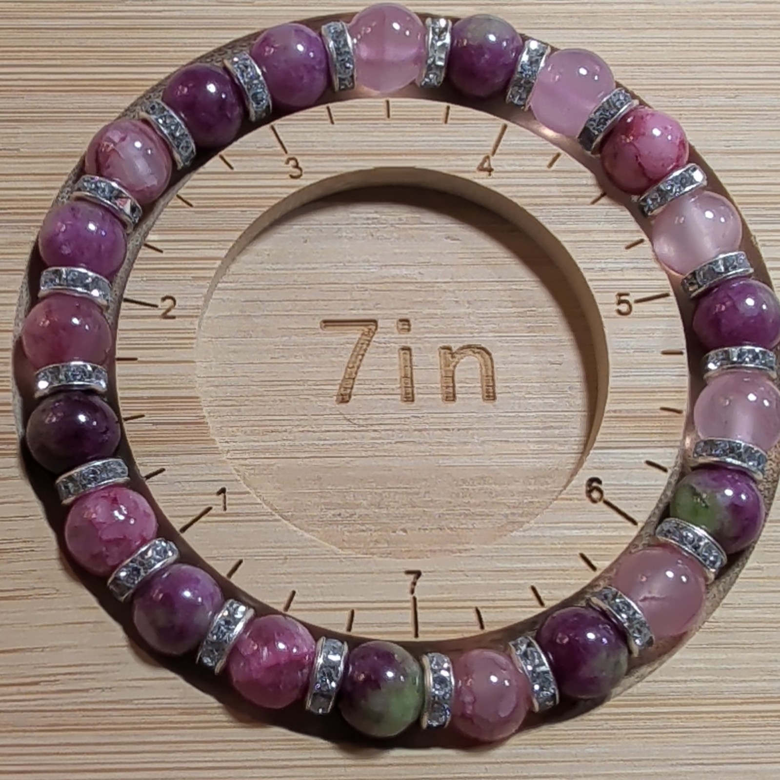 Pink Purple Stone Round Bead Stretch Bracelet 7 in w/ Rhinestone Spacer Rings