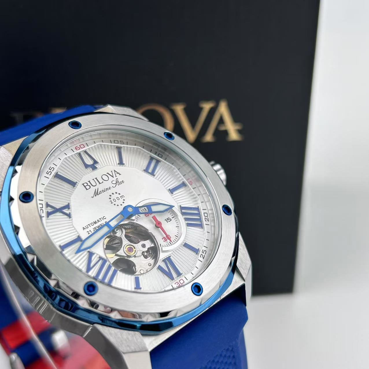 New Bulova Marine Star White Dial Blue Rubber Strap Men’s Automatic Watch 98A225