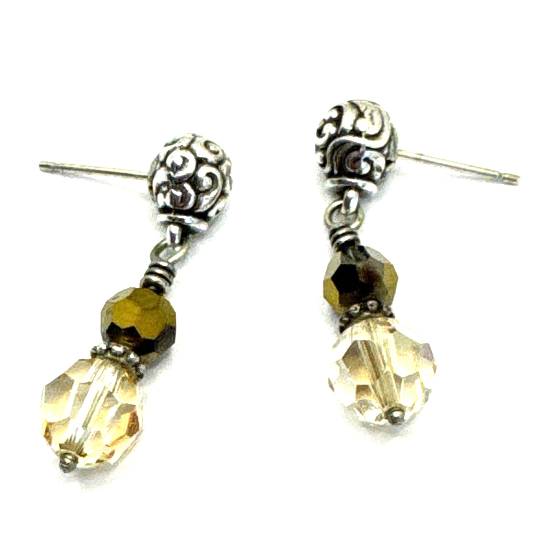 Brighton Cannes Light Ivory Beige & Sparkle Brown Beads Silver Post Earrings