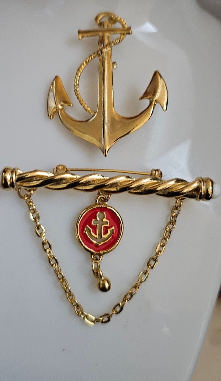 2- Anchors Brooches. 1- Bar And Chain With Dangling Anchor/ Other Gold Tone