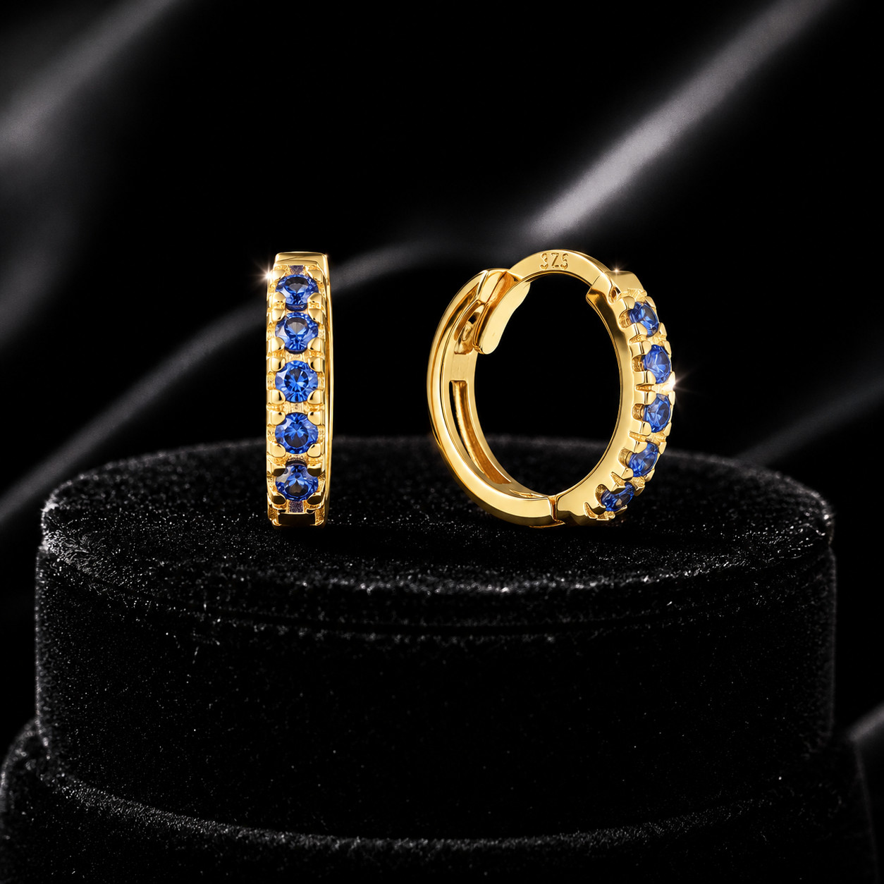 9ct Yellow Gold Sapphire Hoop Earrings British Made 375 Hallmark Brand New Boxed