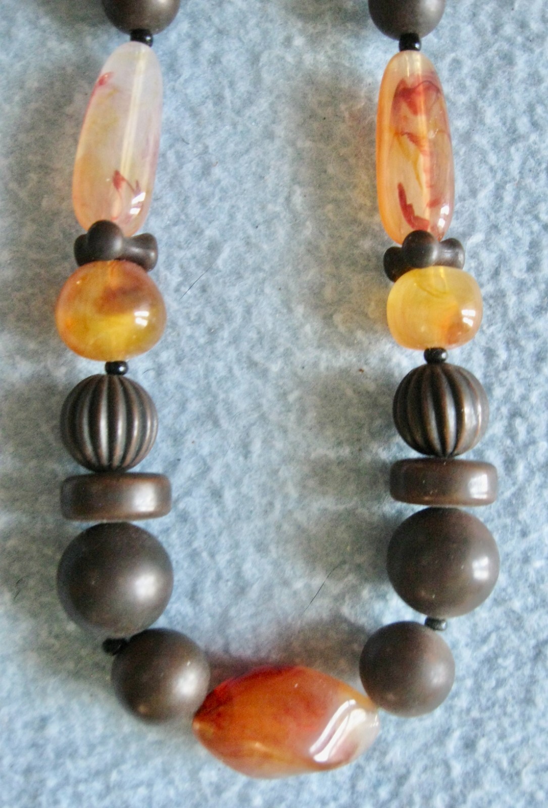 Choker Orange & Brown Beads Spring Ring Clasp; 6″ Diam or 9″ Drop; Quartz?